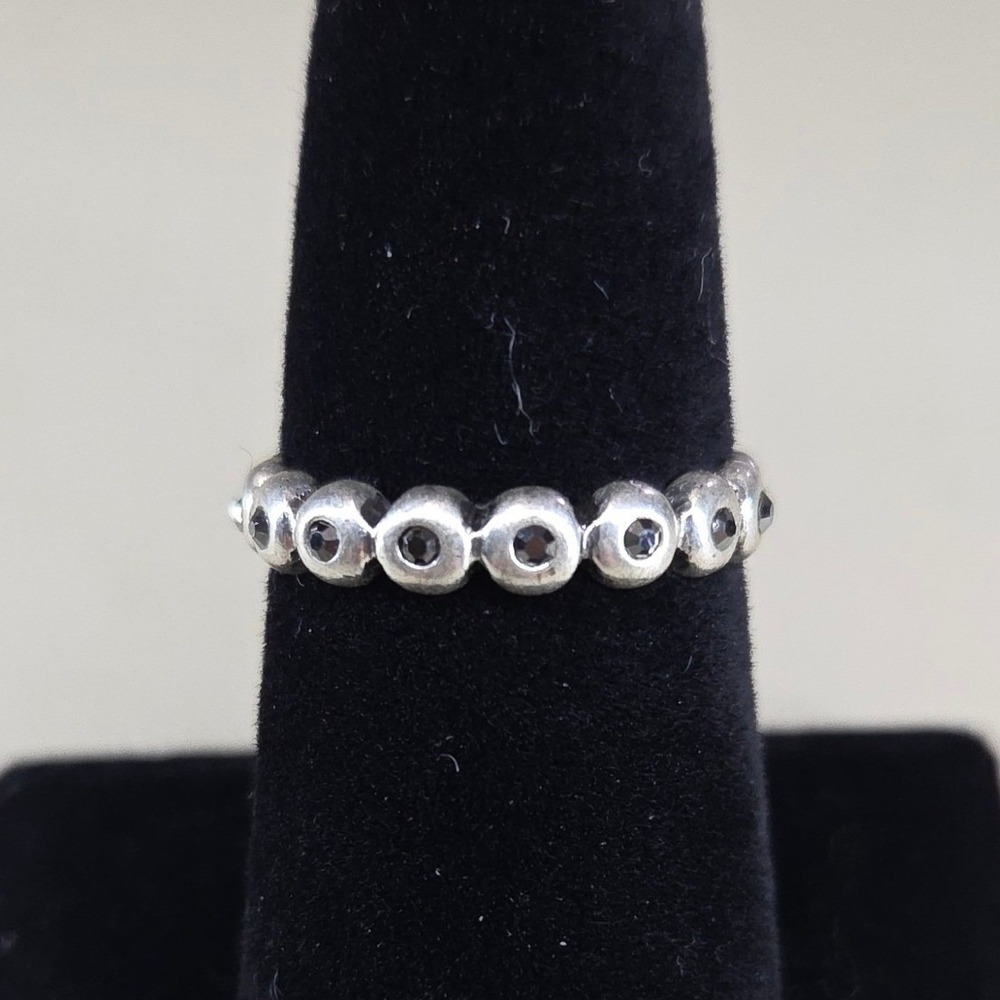 Silver Tone Black Stone Bubble Eternity Band Ring Size 7.25 Stackable Beaded